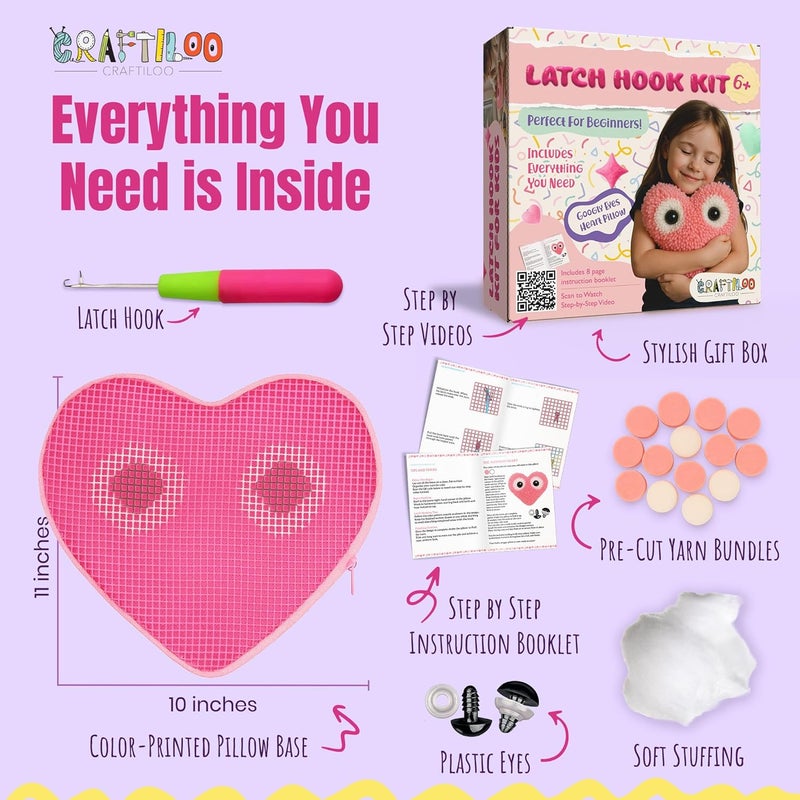 CRAFTILOO Latch Hook Kit for Kids Rug DIY Pillow Craft with Hook, Precut Yarn, Easy to Follow Pattern Cute Designs with Googley Eyes Heart Ages 6+ - Image 2